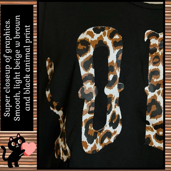 NWT M/8  BLACK KNIT MINIMALIST TOP W CONTRASTING ANIMAL PRINT LOVE GRAPHIC - Picture 6 of 13
